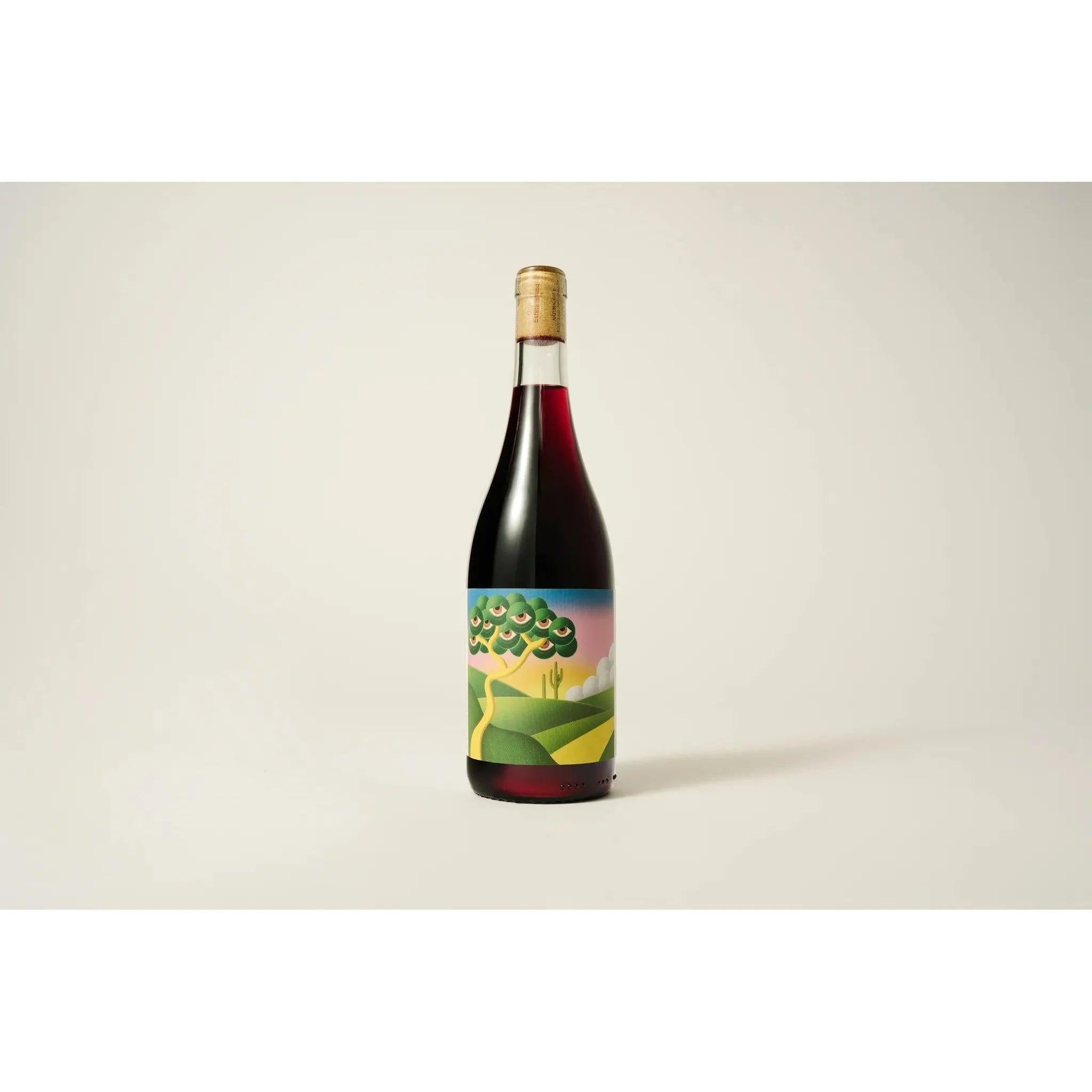 Other World Wine La Ventana, a dark red wine bottle with a colorful, abstract landscape label and cork stopper.