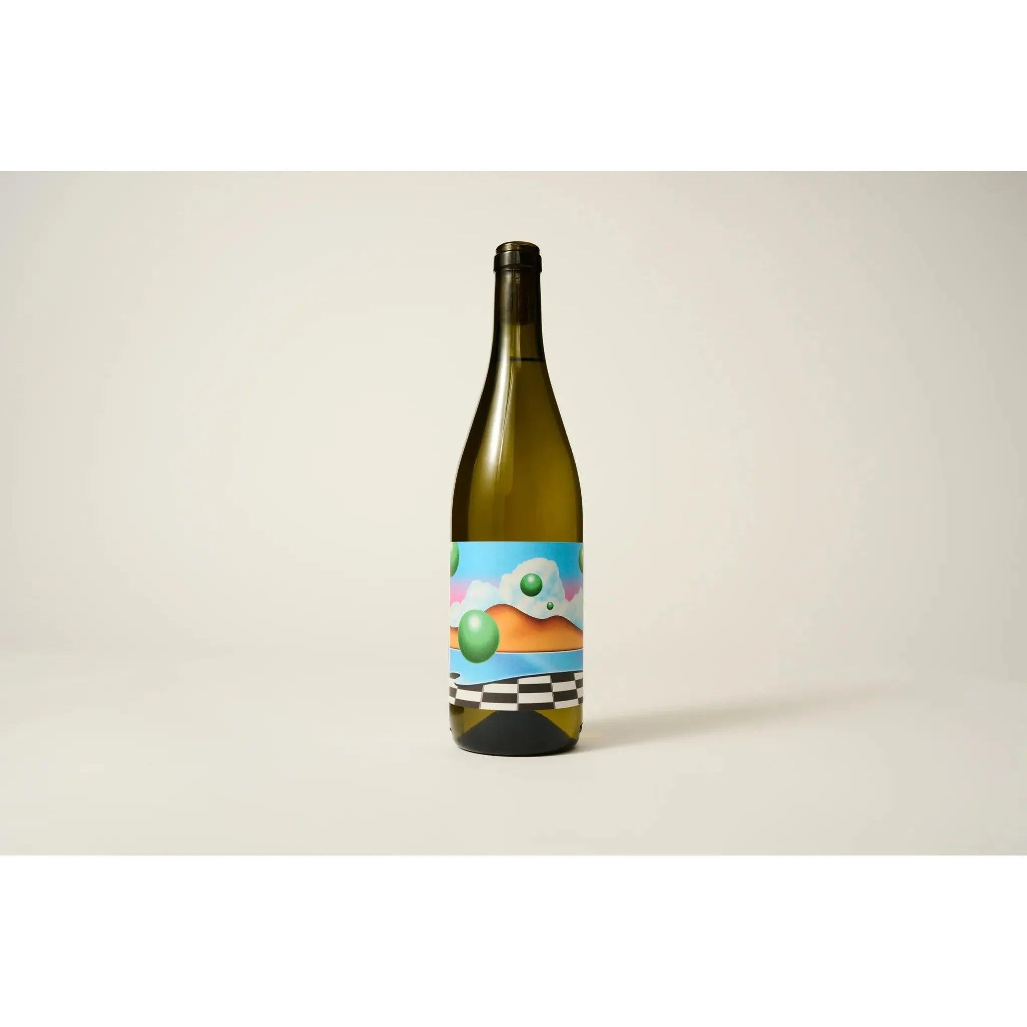 Other World Wine Jumi-Juma bottle with a colorful, abstract label featuring blue sky, green spheres, and a checkered pattern.