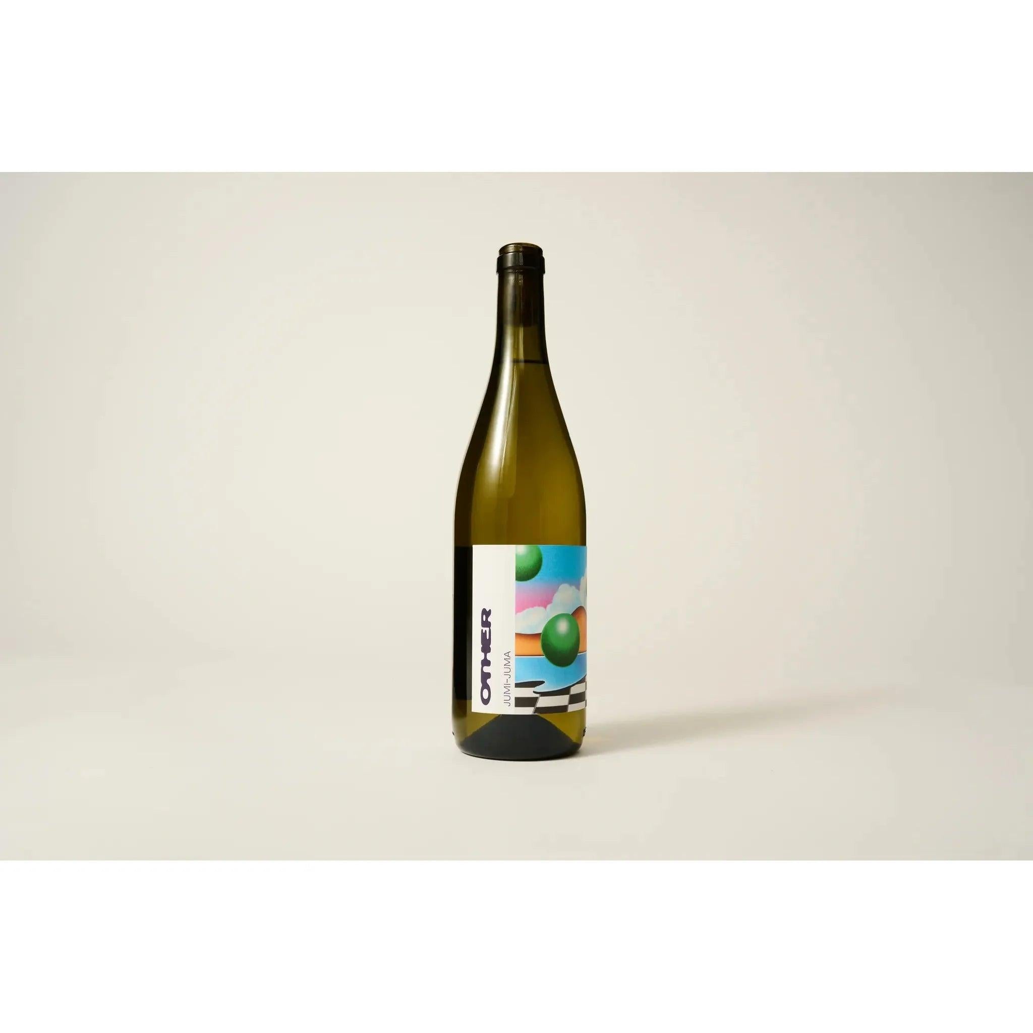 Other World Wine Jumi-Juma bottle with a colorful, abstract label featuring green spheres and a checkered pattern.