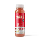 PRESS Berry Boost cold-pressed juice in a clear bottle with a red label and white cap.