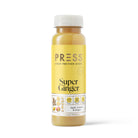 Single PRESS Super Ginger Juice bottle with yellow label, white cap, and light orange juice.