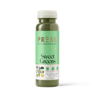 PRESS Sweet Greens cold-pressed juice bottle with light green label, white cap, and ingredient icons.