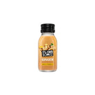 Small glass bottle of Flawsome! Ginger Immunity Kick shot with a black cap, showing ginger and lemon graphics.