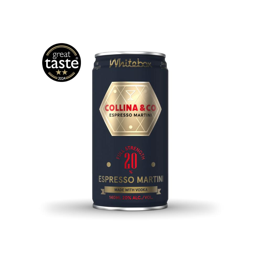 Whitebox Collina & Co Espresso Martini 140ml single-serve can with "Great Taste 2024" award.