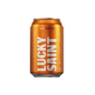 Lucky Saint 0.5% Hazy IPA orange can with white text and logo.