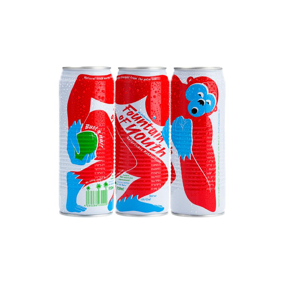Three white and red Fountain of Youth coconut water cans with a blue monkey design.