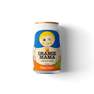 Chilled white and orange "Orange Mama" sparkling drink can with a matryoshka doll design and organic logo.