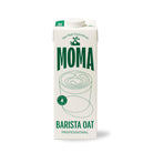 White MOMA Barista Oat Professional milk carton with green branding and latte art design.
