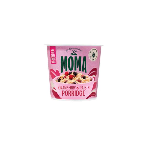 Pink Moma Cranberry & Raisin Porridge pot with a bowl of oats, cranberries, and raisins on the front.