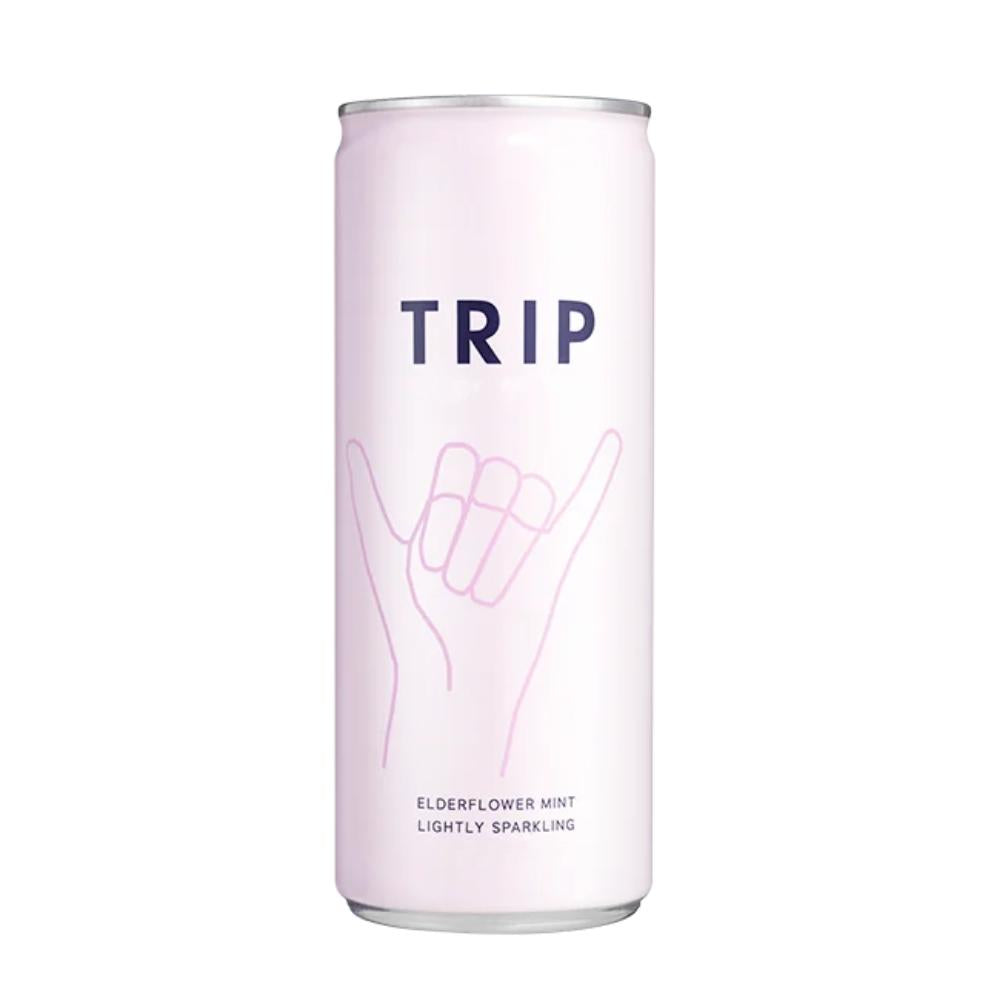 Pale pink Trip Elderflower Mint lightly sparkling drink can with a pink shaka hand outline.