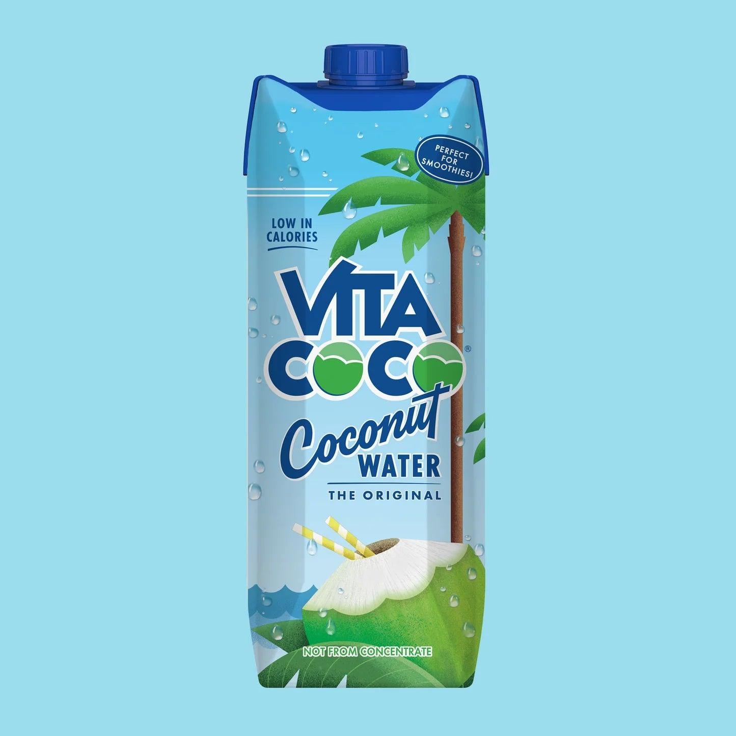 Vita Coco Original Coconut Water 1L carton with blue cap, palm tree, and coconut graphic.