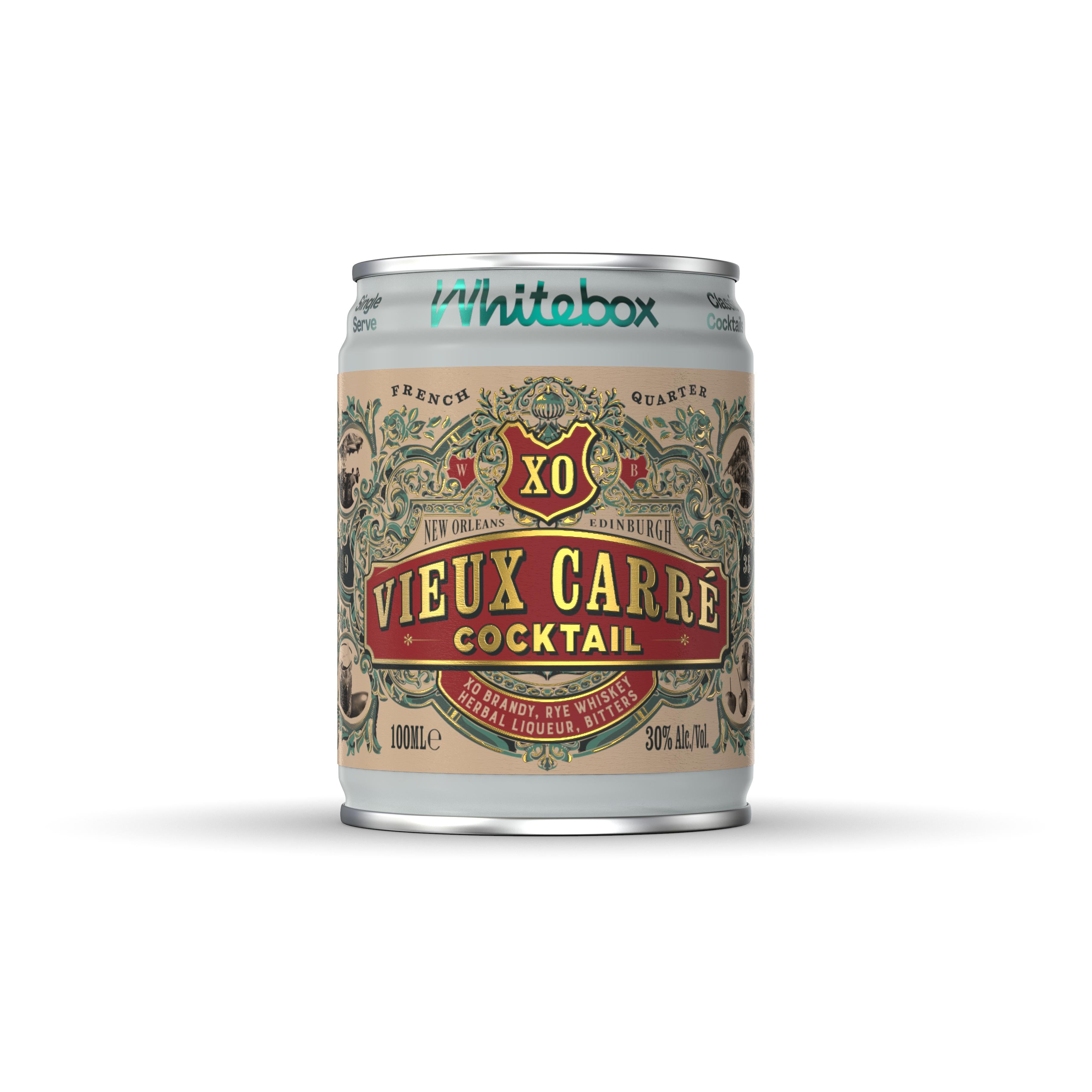 Whitebox XO Vieux Carré 100ml single-serve cocktail can with ornate red and green label.