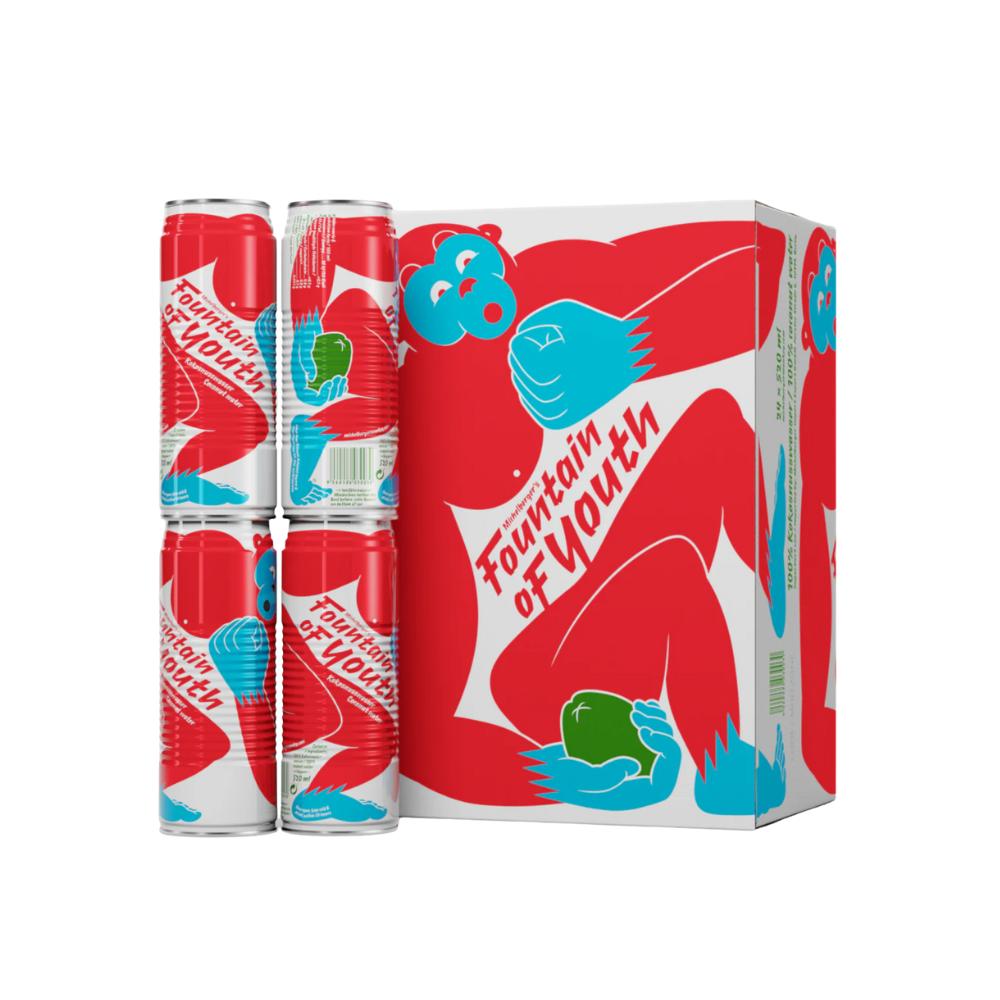 Fountain of Youth coconut water 24-pack box and four 520ml red and white cans with blue and green monkey design.