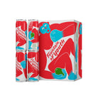 Fountain of Youth coconut water 24-pack box and four 520ml red and white cans with blue and green monkey design.