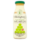 Folkington's Cloudy Apple Juice in a clear glass bottle with a green cap and label featuring green apples and a Union Jack.
