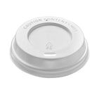 White 70mm PS plastic sip-through coffee cup lid with "CAUTION CONTENTS HOT" embossed text.