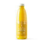 Bright yellow PRESS Fresh Orange Juice bottle with white cap, gold lettering, and "100% COLD-PRESSED" label.
