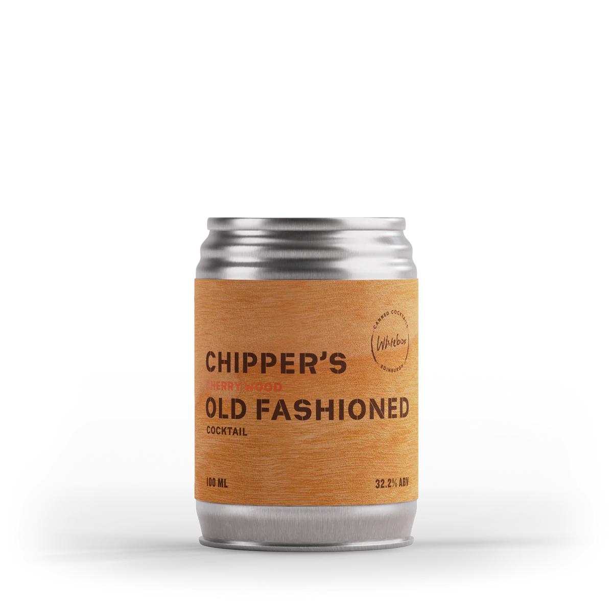 Silver aluminum can with a natural cherry wood label for Chipper's Old Fashioned cocktail, 100ml.