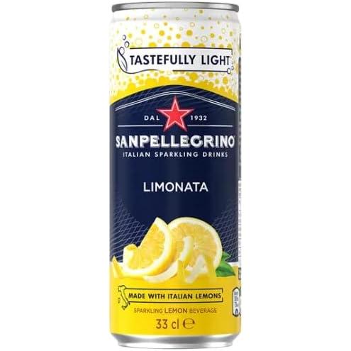 San Pellegrino Limonata 330ml can, white and blue with yellow lemon slices and "Tastefully Light" text.