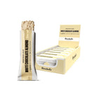 Barebells White Chocolate Almond protein bar, unwrapped to show the white chocolate and almond topping, with a box of 12 bars behind it.