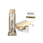 Barebells White Salty Peanut protein bar, unwrapped to show the white chocolate coating and peanut pieces, next to a display box of 12 bars.