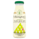 Folkington's Cloudy Pear Juice in a clear glass bottle with a green cap and pear illustration.