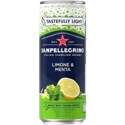 San Pellegrino Limone & Menta 330ml can with green, white, and blue label, lemon slice, and mint.