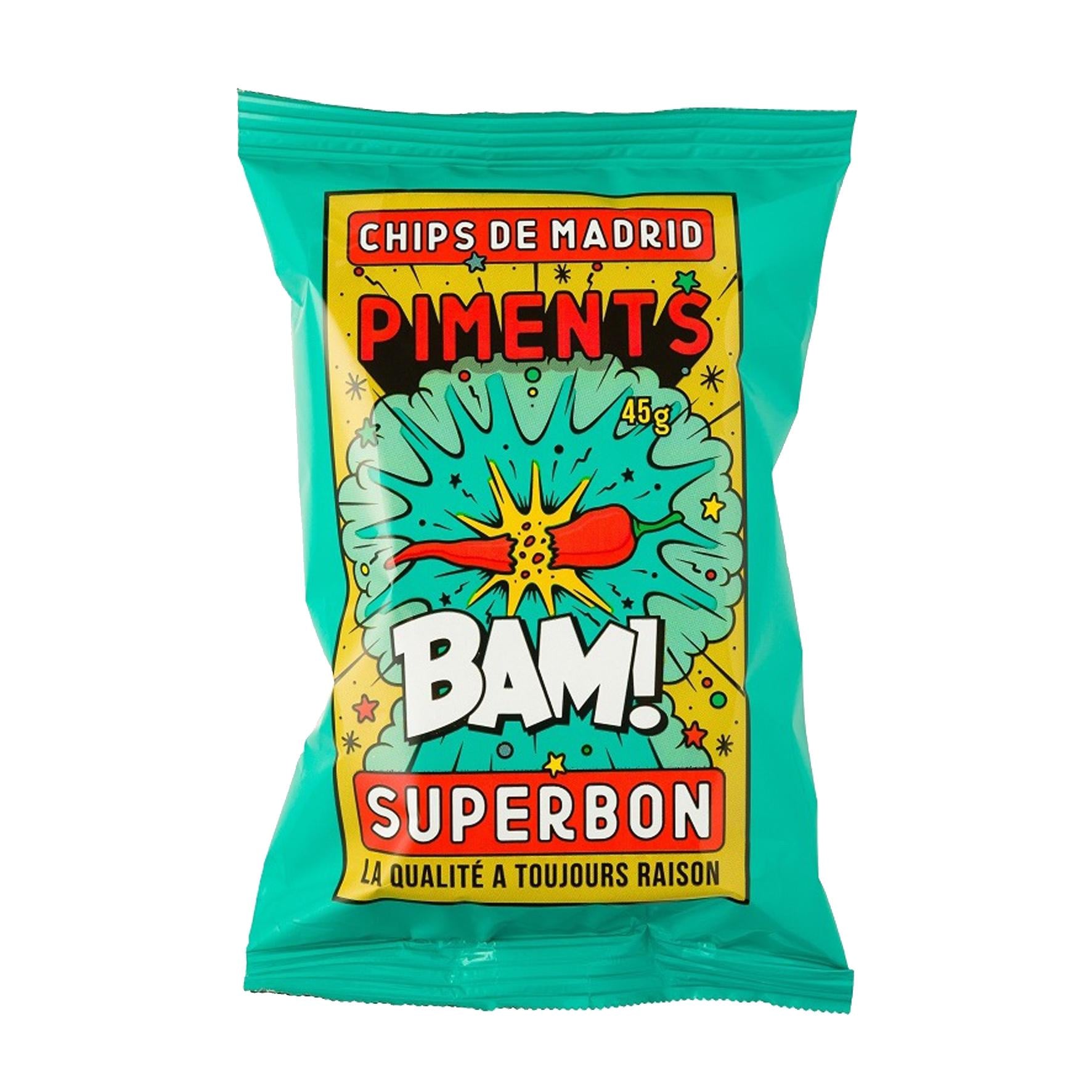 Superbon Chips Piments 45g bag with vibrant green, yellow, and red "BAM!" design.