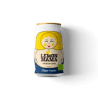 Chilled Lemon Mama Organic sparkling drink can with a matryoshka doll design and water droplets.