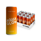 Orange Aqua Glow Mango Passion collagen drink can next to a white 12-can case of matching drinks.