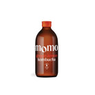 MOMO Ginger-Lemon Kombucha in a brown glass bottle with an orange cap and white label.