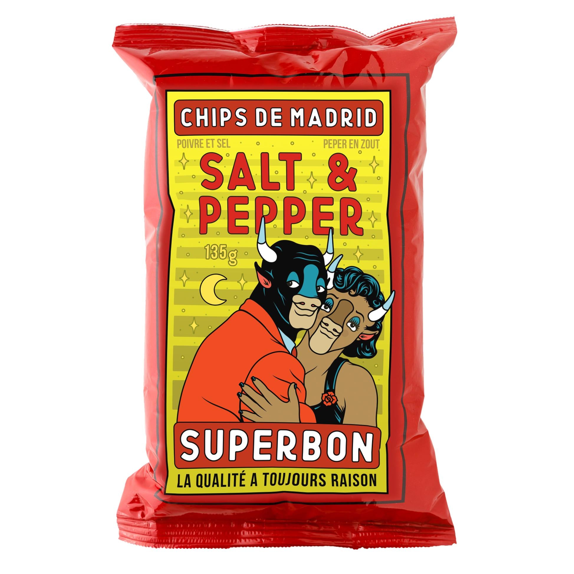 Red Superbon Salt & Pepper potato chips bag with bull and cow cartoon characters.