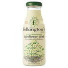 Folkington's Old-Fashioned Elderflower Drink in a clear glass bottle with a green cap and floral label.