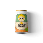 White Mango Mama organic sparkling drink can with matryoshka doll design, orange-mango flavor, and water droplets.