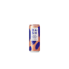 DASH Sparkling Peach water can, 330ml, with peach-colored base and blue brushstroke design, showing condensation.