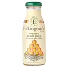 Folkington's Pressed Peach Juice in a clear glass bottle with a green cap and peach label design.