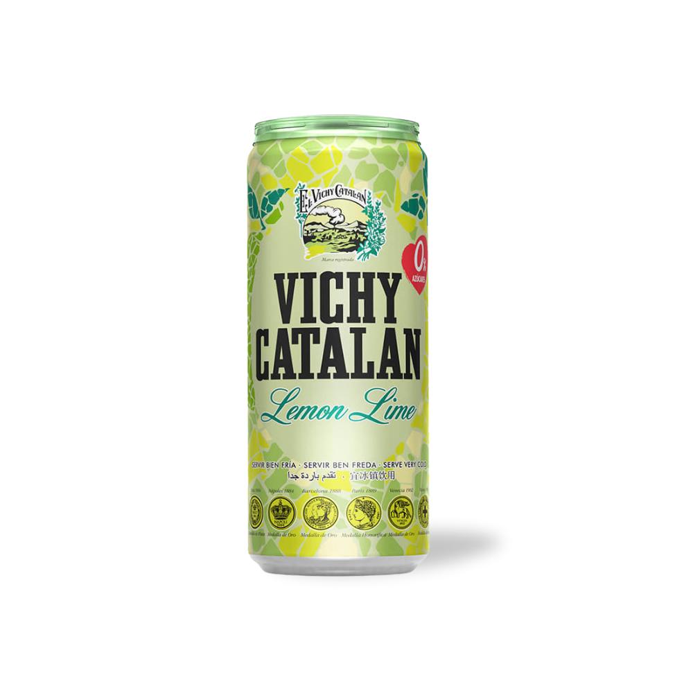 Vichy Catalan Lemon Lime sugar-free flavored water can with green and yellow citrus design.