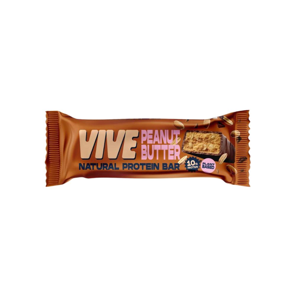 VIVE Peanut Butter Natural Protein Bar in brown wrapper, showing a cross-section of the chocolate-covered bar.