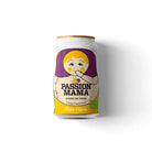 Chilled Passion Mama Organic sparkling drink can with a matryoshka doll design and passion fruit graphic.
