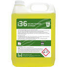 Yellow 5L i36 Machine Dishwash Detergent bottle with green label, featuring product details and hazard symbols.
