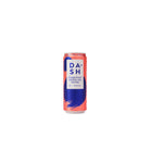 DASH Sparkling Grapefruit water can, coral pink with blue text and water droplets.