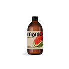 Amber glass bottle of MOMO Watermelon Kombucha with Natoora, featuring a slice of red watermelon on the label.