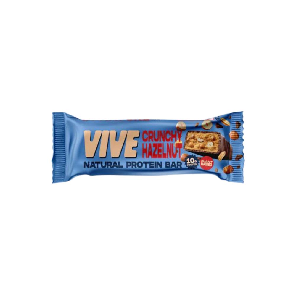 VIVE Crunchy Hazelnut natural protein bar in blue packaging, with a visible cross-section of the bar.