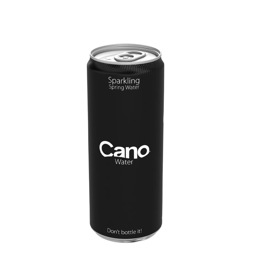 Sleek black 330ml CanO Water sparkling spring water can with white text and silver ring pull.