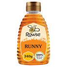Rowse Squeeze Runny Honey 340g bottle, golden liquid, with a gold cap and bee logo.
