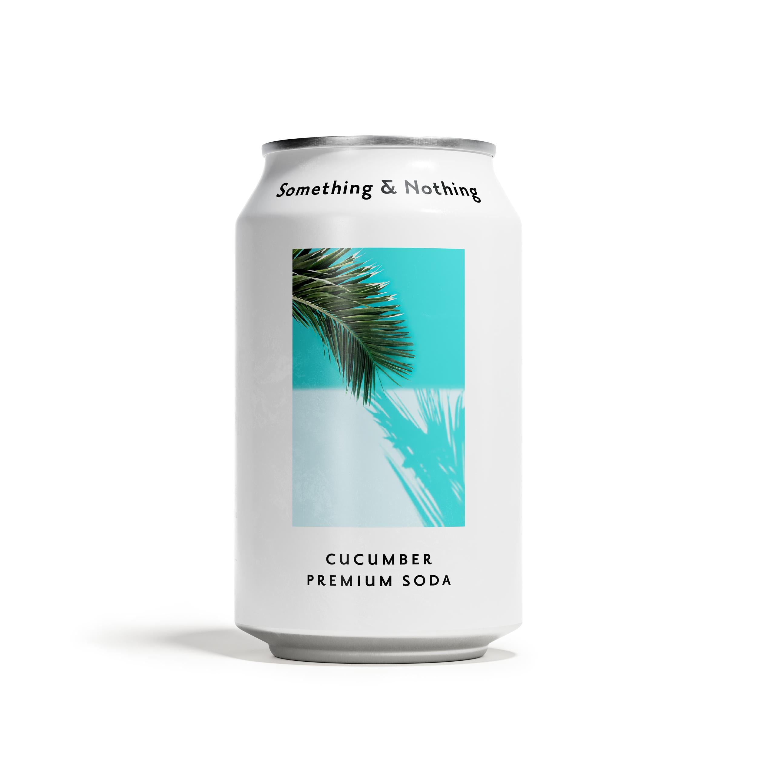 Something & Nothing Cucumber Premium Soda can, white with a teal and palm leaf design.