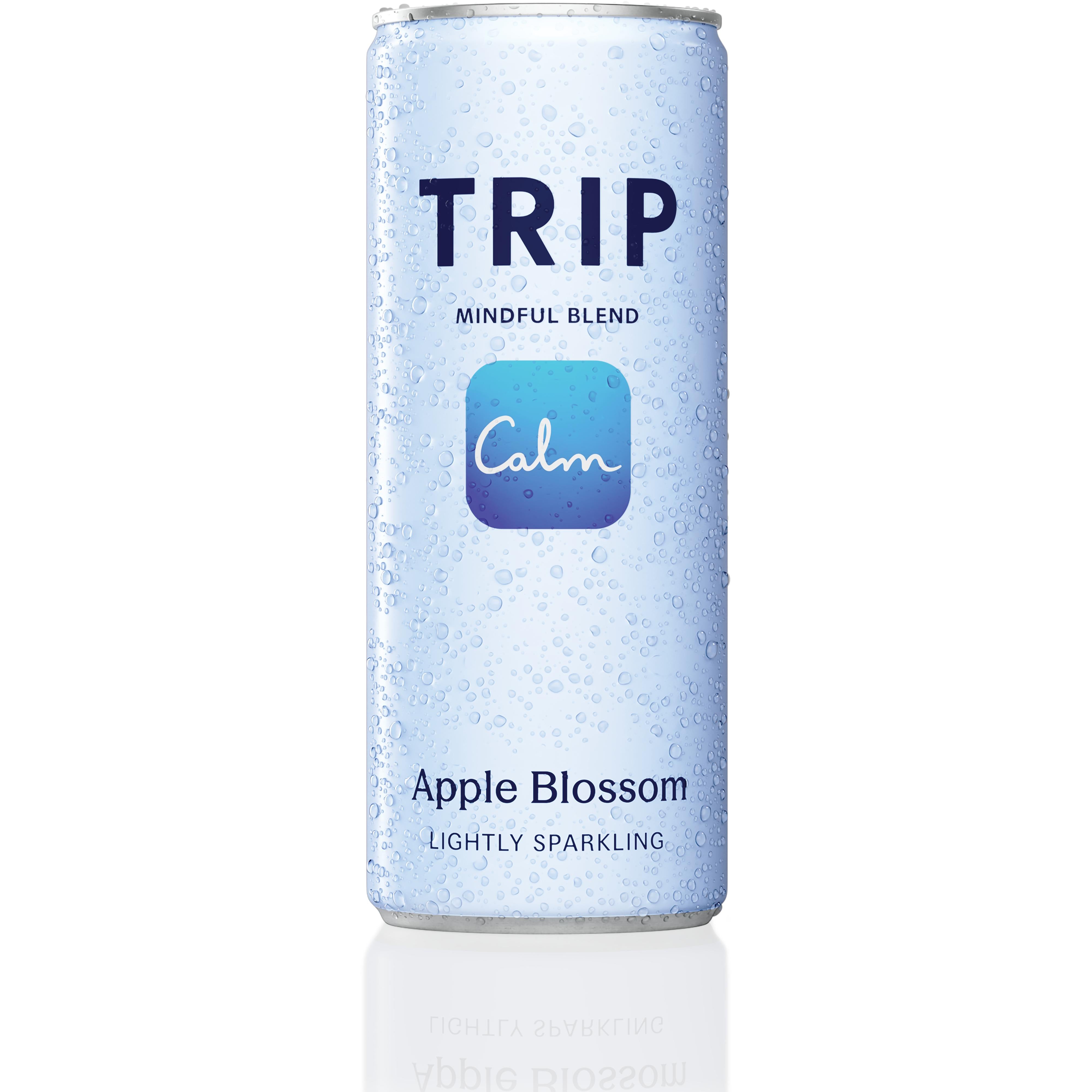 TRIP Apple Blossom lightly sparkling drink can, silver with blue text and water droplets.