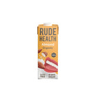 Rude Health Organic Almond Milk carton, yellow with white text, almonds, and red lips design.
