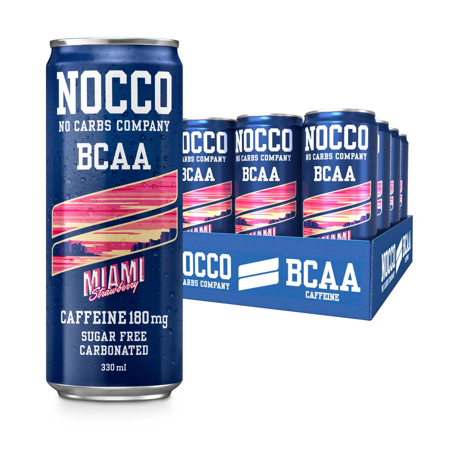 Blue NOCCO Miami Strawberry BCAA energy drink can with pink sunset design, 330ml, next to a 12-pack tray.