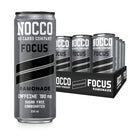 Silver NOCCO Focus Ramonade 330ml can with black accents, alongside a 12-pack tray of the same drink.